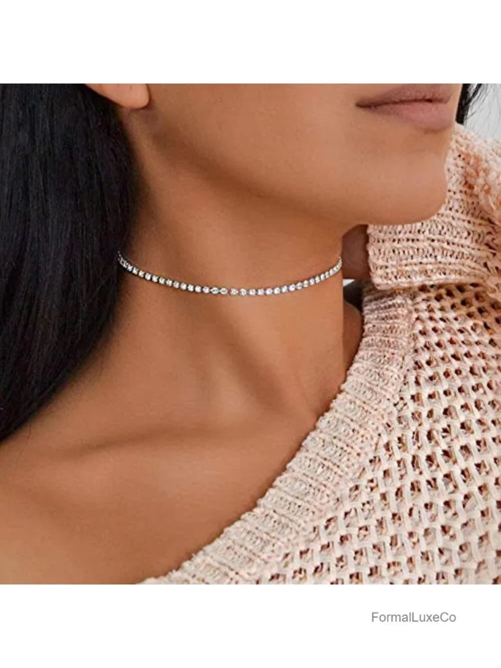 Sparkly Rhinestone Choker Diamond Chain Necklace with 925 Silver Plating